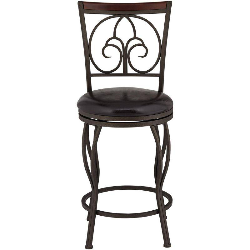 55 Downing Street Colton Metal Swivel Bar Stools Set of 2 Brown 24" High Traditional Round Cushion with Backrest Footrest for Kitchen Counter Height