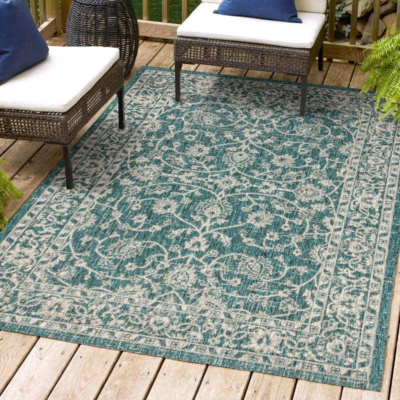 4'x6' Palazzo Vine and Border Textured Weave Indoor/Outdoor Area Rug, Teal/Gray - JONATHAN Y