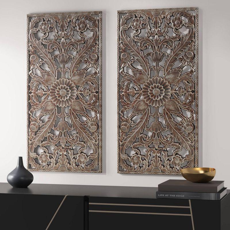 2pc Botanical Carved Wall Decor Panel Set Bronze - Madison Park: MDF Antique Finish, Vertical Orientation