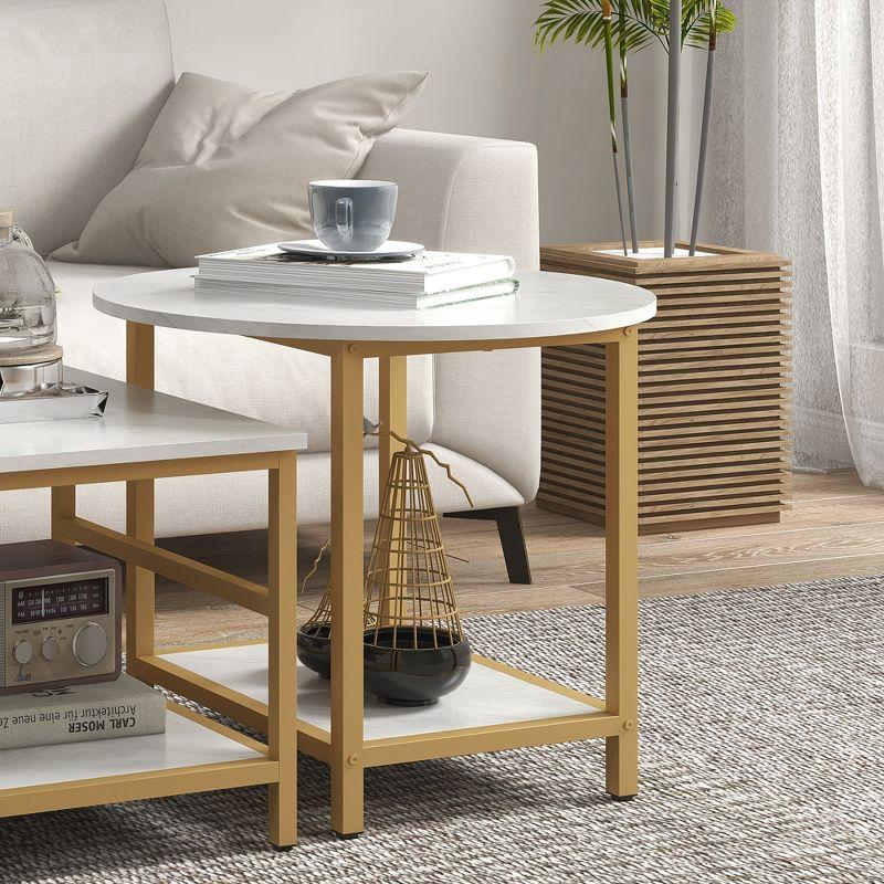HOMCOM Coffee Tables Set of 2, Rectangle and Round Coffee Table with Storage Shelves, Faux Marble Top and Steel Frame, White