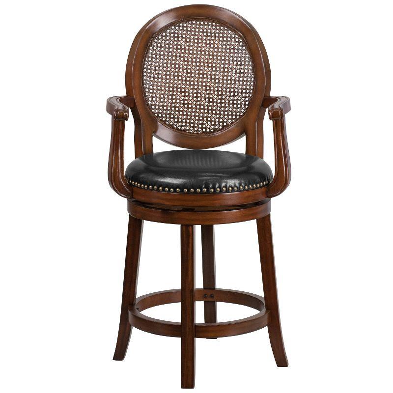 Merrick Lane 26" Swivel Counter Stool with Oval Rattan Back, Arms and Black Faux Leather Upholstered Swivel Seat in Espresso