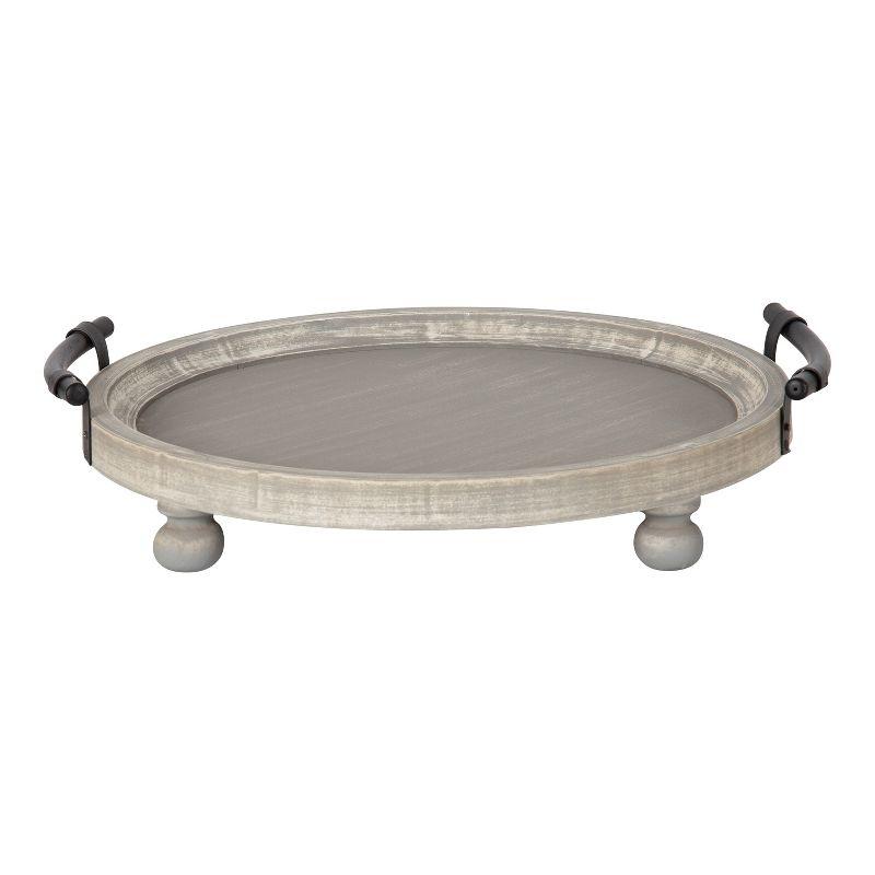 Rustic Gray Distressed Wooden Round Tray with Metal Handles