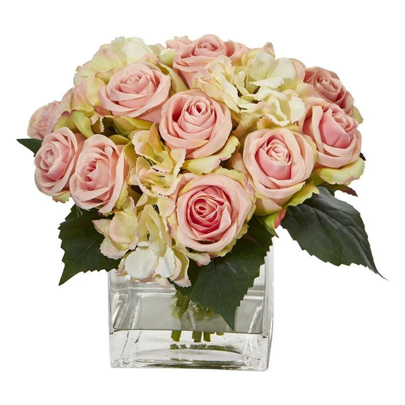 Nearly Natural 9-in Rose and Hydrangea Bouquet Artificial Arrangement in Vase