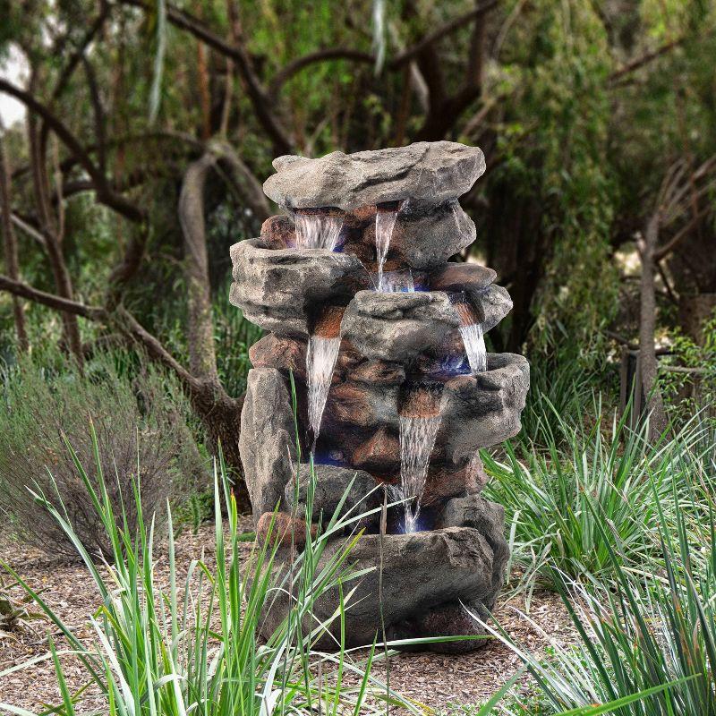 52" Resin Rainforest Rock Tiered Fountain with LED Lights Bronze - Alpine Corporation: Outdoor Garden Decor, Weatherproof