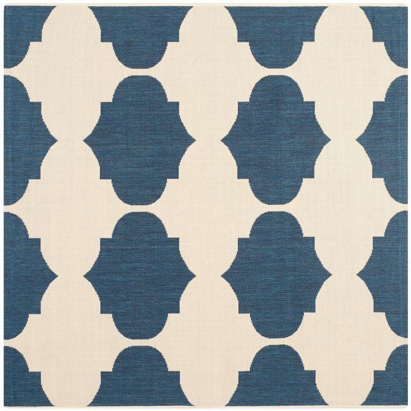 Beige & Navy 5'3" Square Indoor/Outdoor Easy-Care Area Rug