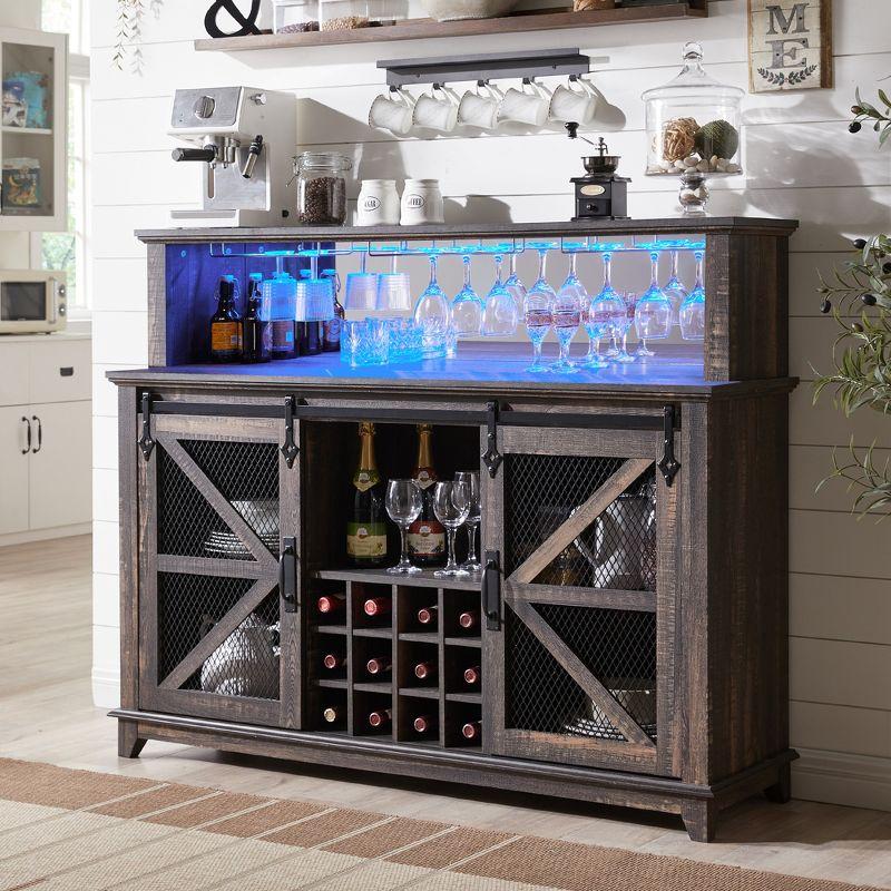 OKD 55" Coffee Bar Cabinet with LED Lights & Sliding Barn Door & Wine and Glass Rack, Wine Bar Cabinet w/Storage Shelves for Dining