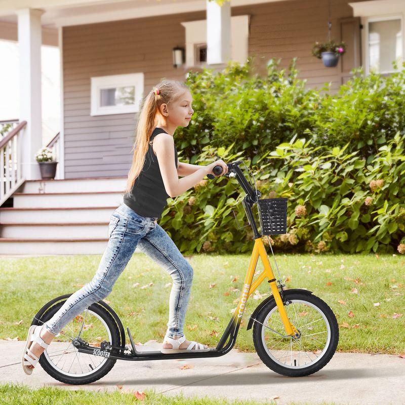 Aosom Youth Scooter, Kick Scooter with Adjustable Handlebars, Double Brakes, 16" Inflatable Rubber Tires, Basket, Cupholder, Mudguard Ages 5-12 years old