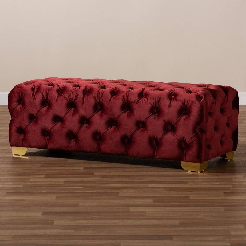 Avara Velvet Button Tufted Bench Ottoman Red - Baxton Studio: Gold Legs, Plywood Frame, Luxurious Bedroom Furniture