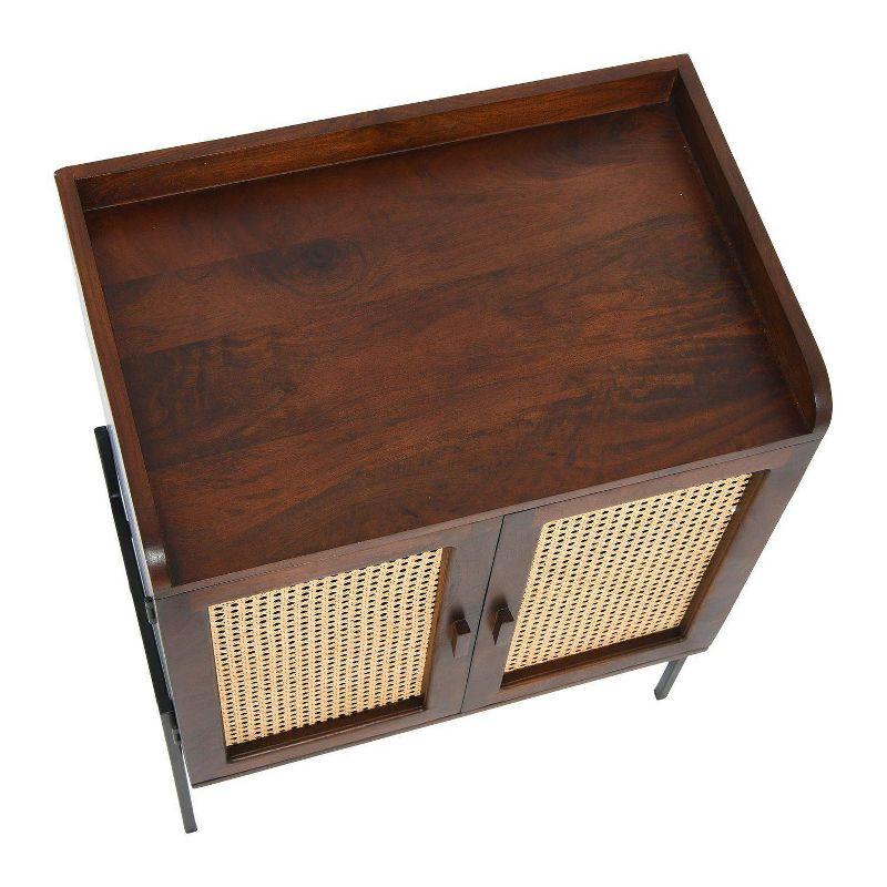 Storied Home Boho Solid Wood Bar Cabinet with Metal Legs and Woven Cane Doors Walnut/Natural: Iron Frame, Mango Surface