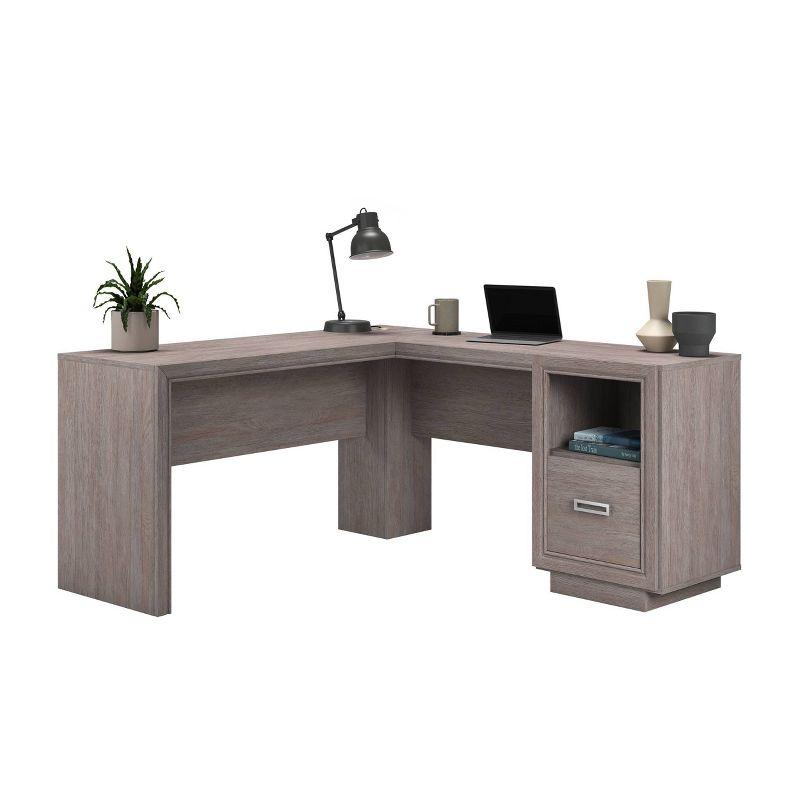 Gray Ashen Oak L-Shaped Computer Desk with Drawer and Filing Cabinet