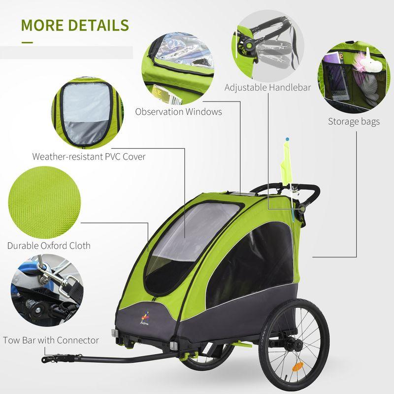 Aosom Bike Trailer for Kids 3 In1 Foldable Child Jogger Baby Stroller Transport Carrier, Rubber Tires Adjustable Kid Bicycle Trailer Green and Gray