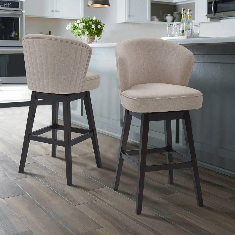 30" Brandy Fabric Wood Swivel Barstool Tan/Espresso - Armen Living: Upholstered, 360-Degree Swivel, Footrest