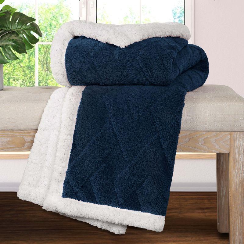 Jacquard Lattice Fleece Plush Reversible Blanket, Throw, Navy Blue - Blue Nile Mills