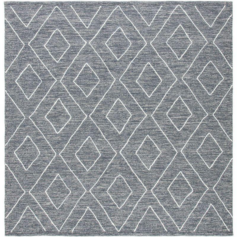 Gray and White Striped Wool Cotton 7' Square Area Rug