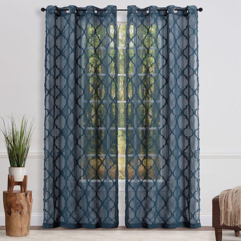 Chanasya 2pk Moroccan Embroidered Grommet Textured Sheer Window Curtain Panels - Set of 2 - 52 x 63 Inches Long - Dark Blue