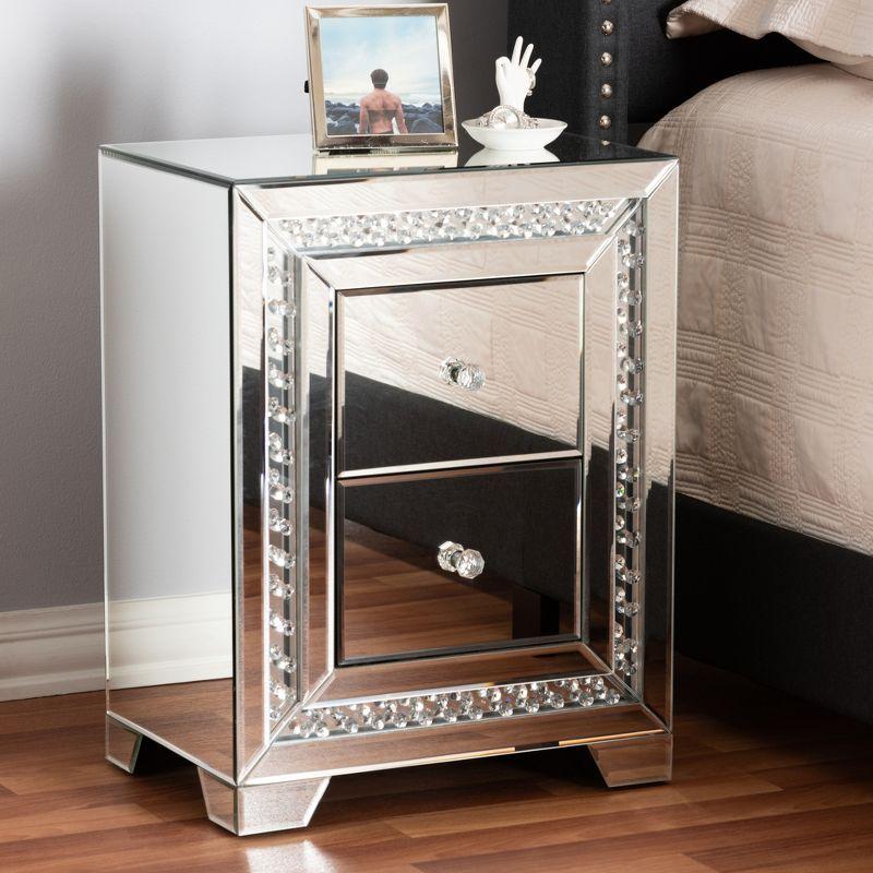 Mina Mirrored 2 Drawer Nightstand Bedside Table Silver - BaxtonStudio: Glamorous, Fully Assembled, Crystal Accents