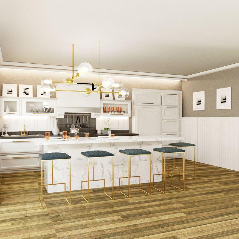 LeisureMod Quincy Modern Quilted Leather Bar Stool – Gold Metal Sled Base Counter Height Chair for Kitchen Island and Counter Seating - Set of 2