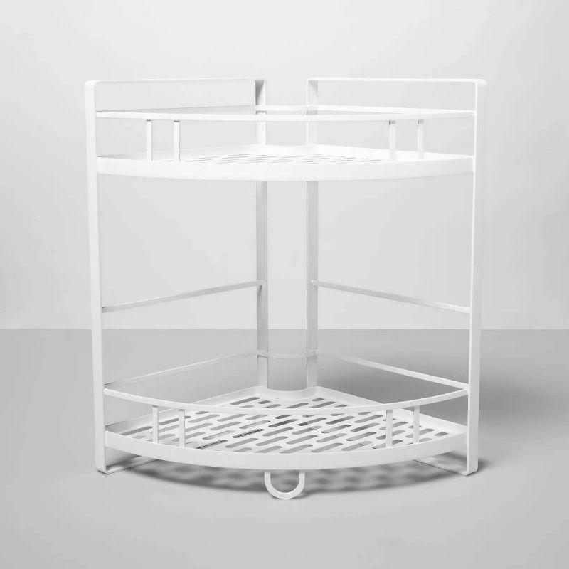 Punched Metal 2-Tier Corner Shelf White - Brightroom™: Kitchen Storage Organizer, Iron Under Sink Shelf