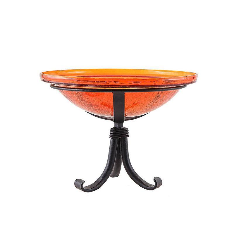 Mandarin Orange Crackle Glass Birdbath with Wrought Iron Tripod Stand