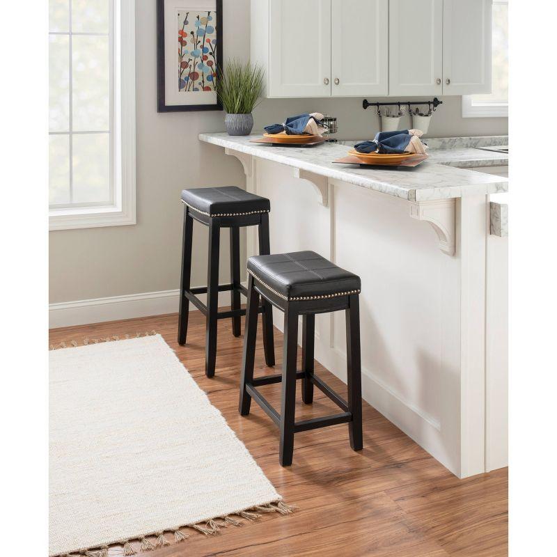 Claridge Backless Faux Leather Nailhead Saddle Barstool Black - Linon: Rubberwood Frame, 32.25" Height