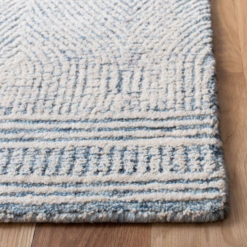 Ivory and Blue Handmade Tufted Wool Abstract Rug, 2'3" x 16'