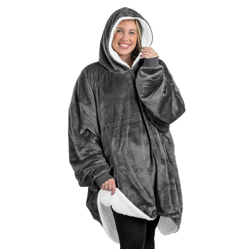 Gray Fleece and Sherpa Hooded Wearable Blanket with Sleeves