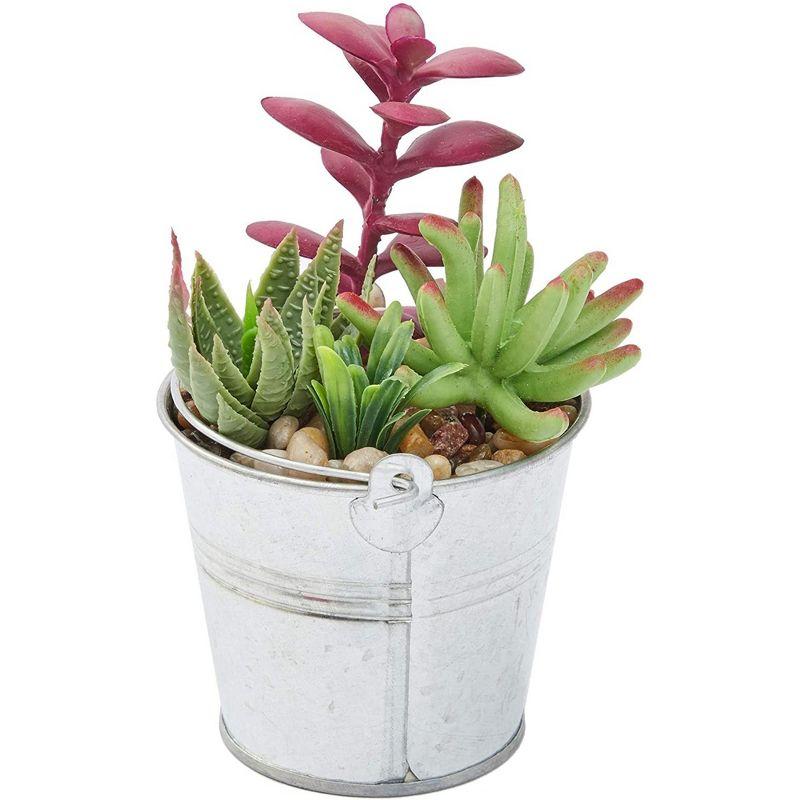 Juvale 4 Pack Artificial Succulents Plants, Faux Fake Cactus with Iron Bucket for Garden & Patio Decor, 6.5 in