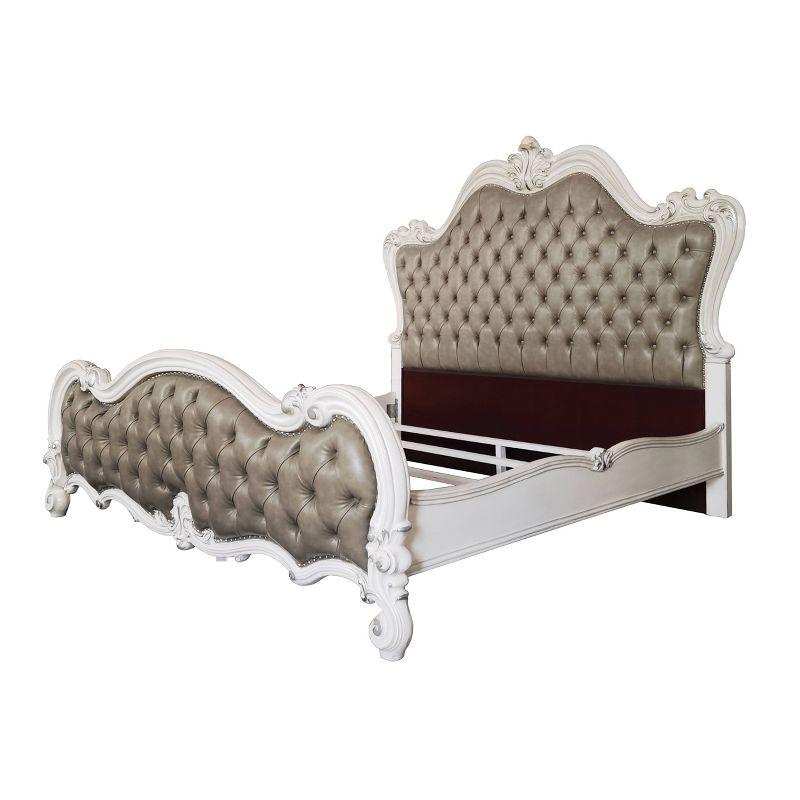 99" Queen Bed Versailles Vintage Gray PU Leather, Button Tufted - Acme Furniture: Claw & Ball Feet, Fluted Crown