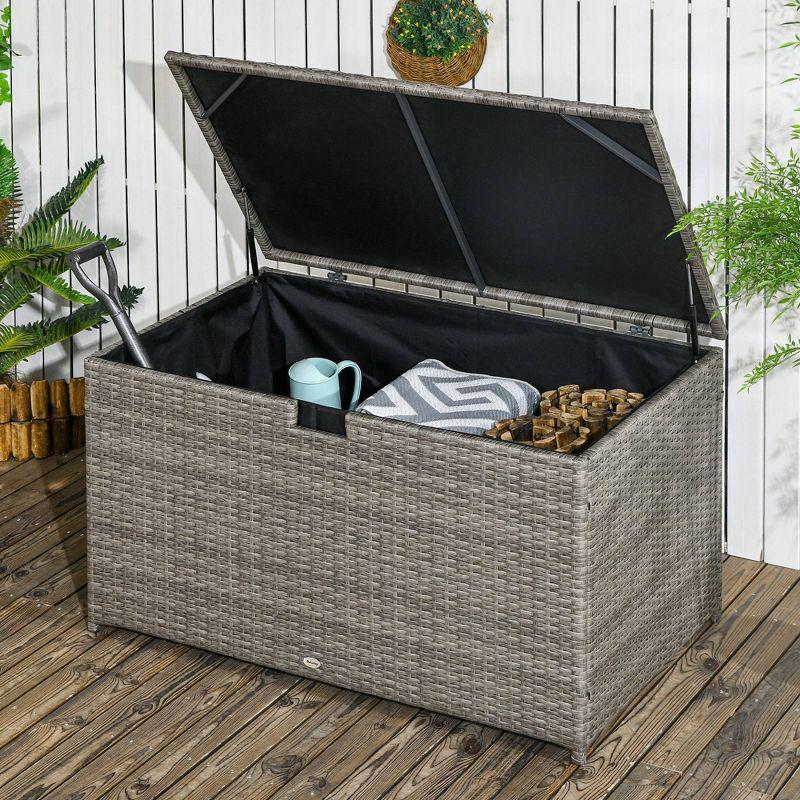 Outsunny 113 Gallon Deck Box, Rattan Outdoor Storage Box, Waterproof Storage Container for Indoor, Patio Furniture Cushions, Pool Supplies, Garden Tools, Brown