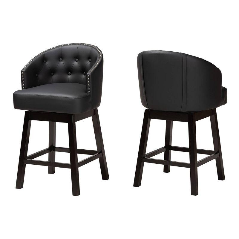 2pc Theron Faux Leather & Wood Swivel Counter Height Barstool Set with Nailhead Trim - Baxton Studio