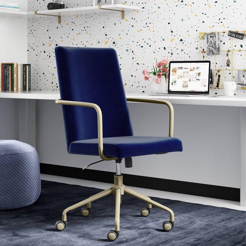 Mid-Century Modern Velvet Navy Blue Executive Swivel Chair with Gold Metal Trim