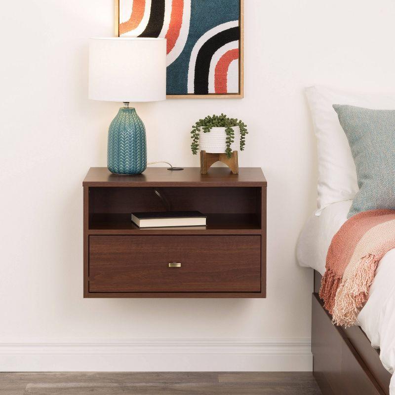 Cherry Laminated Floating Nightstand with Drawer and Open Shelf