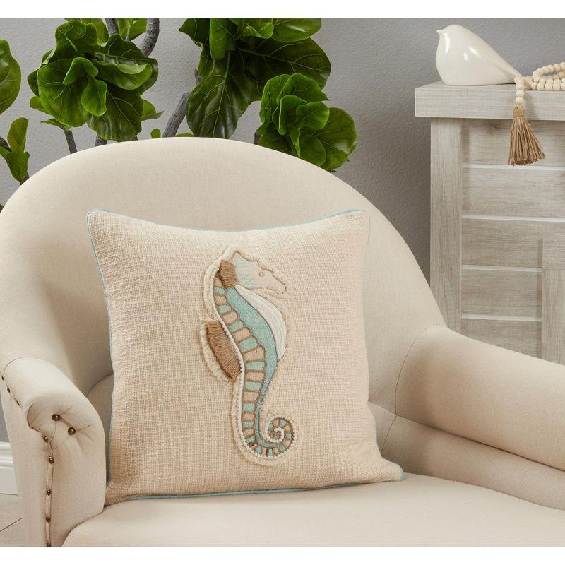 Aqua Embroidered Sea Horse Cotton Square Pillow