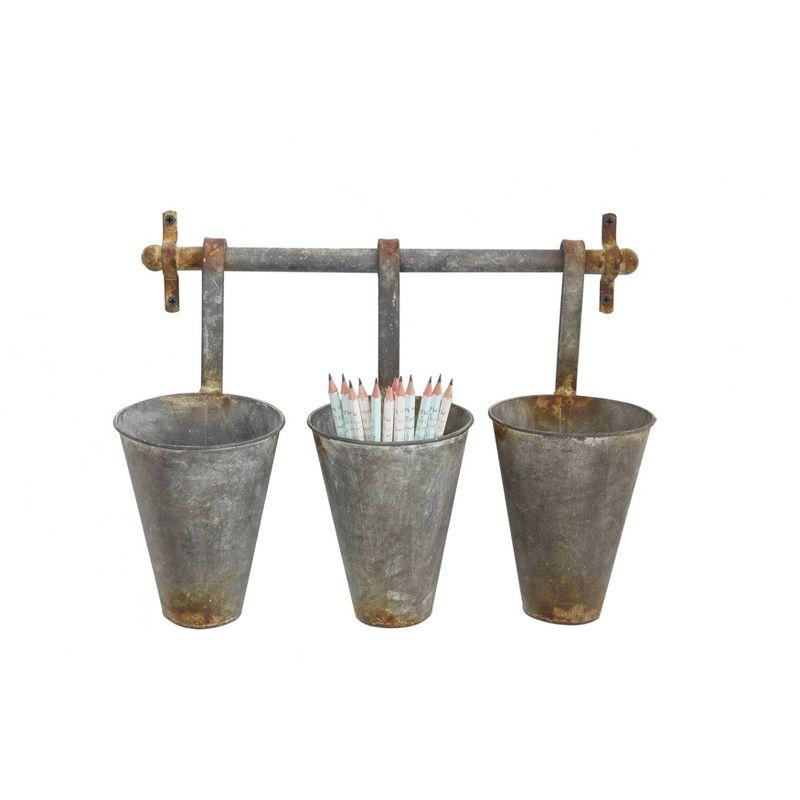 Metal Wall Rack with 3 Tin Pots - Storied Home: Rustic Outdoor Wall-Mounted Planter, Patio Clearance