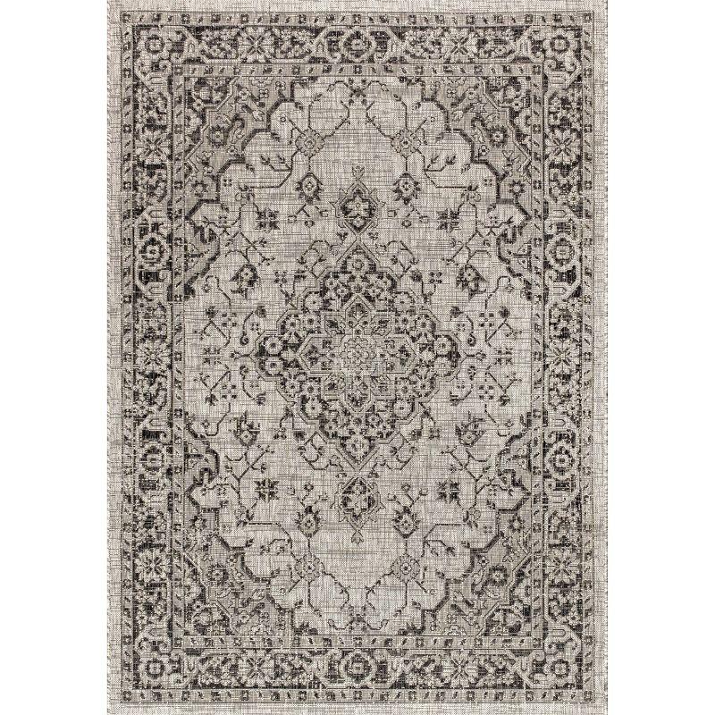 4'x6' Rozetta Boho Medallion Textured Weave Indoor/Outdoor Area Rug, Gray/Black - JONATHAN Y