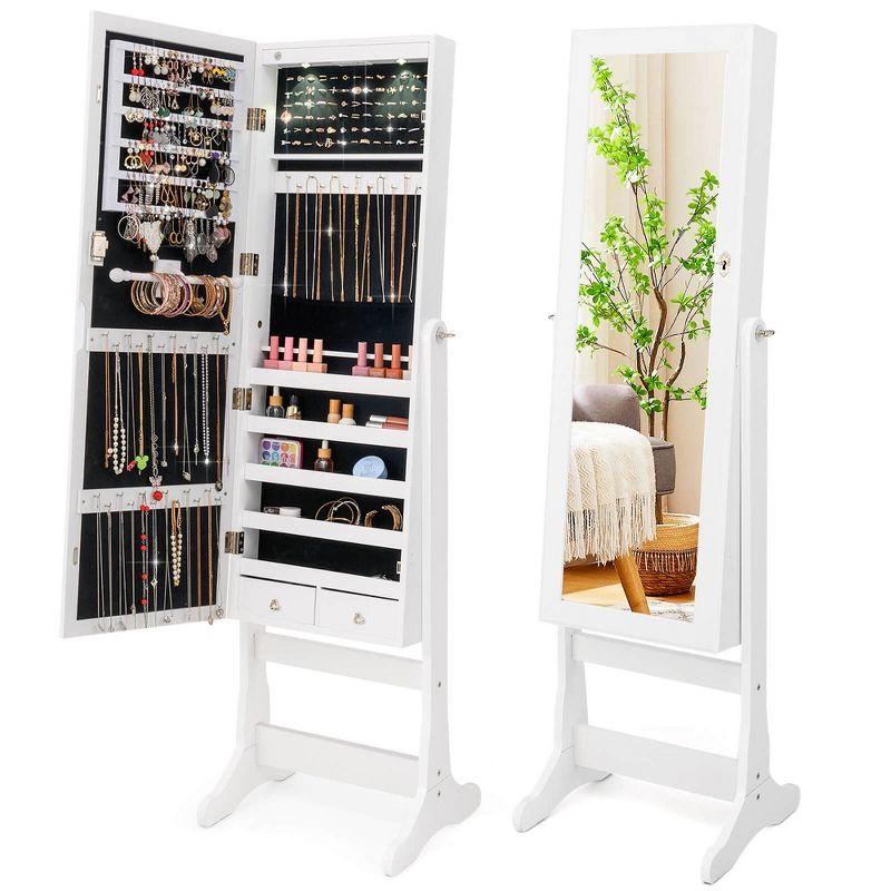 Costway Lockable Mirrored Jewelry Cabinet Armoire Organizer Storage with Stand & LED Lights White/Black/Brown