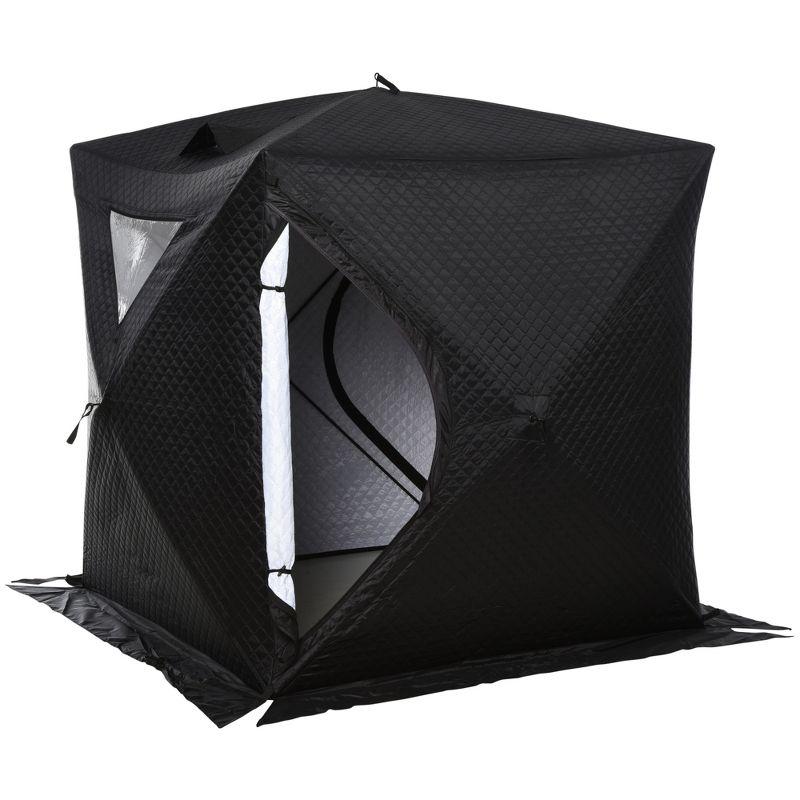 Outsunny 2 Person Ice Fishing Shelter with Padded Walls, Thermal Waterproof Portable Pop Up Ice Tent with 2 Doors, Black