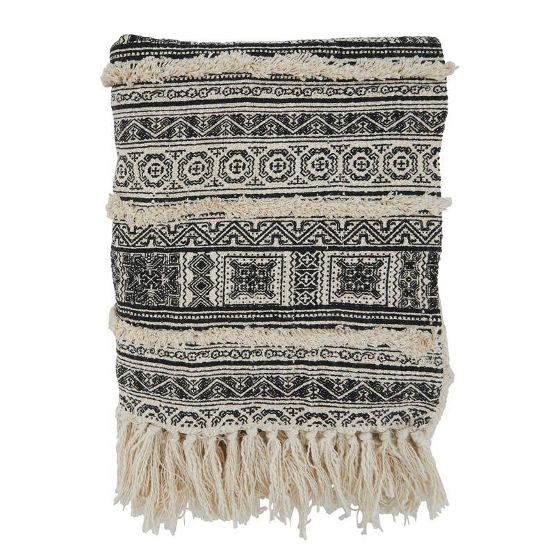 Black and Beige Cotton Block Print Embellished Throw Blanket