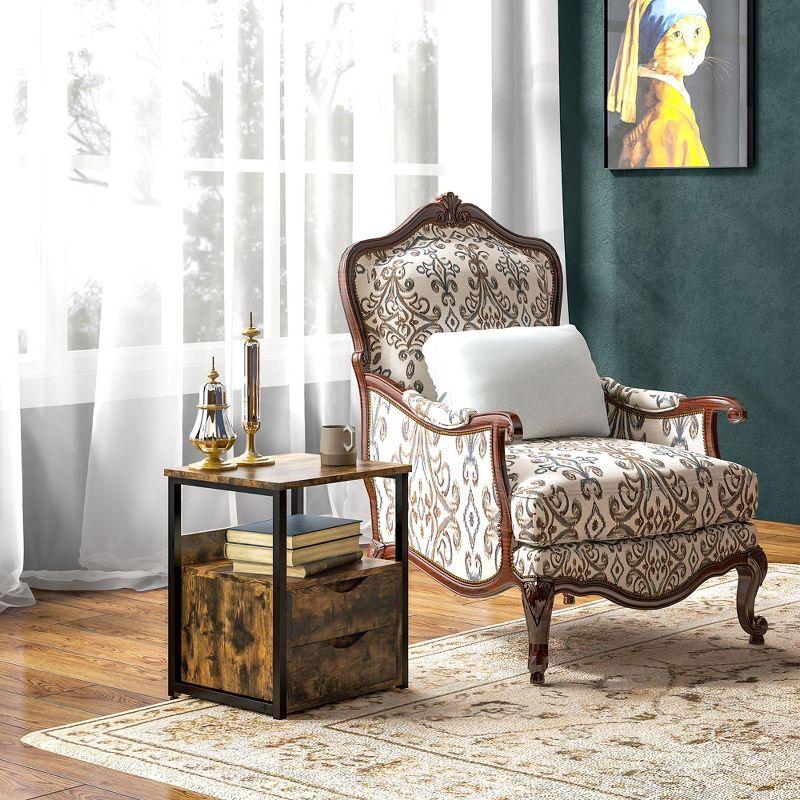 Rustic Brown Wood and Black Steel Side Table with Storage Drawers