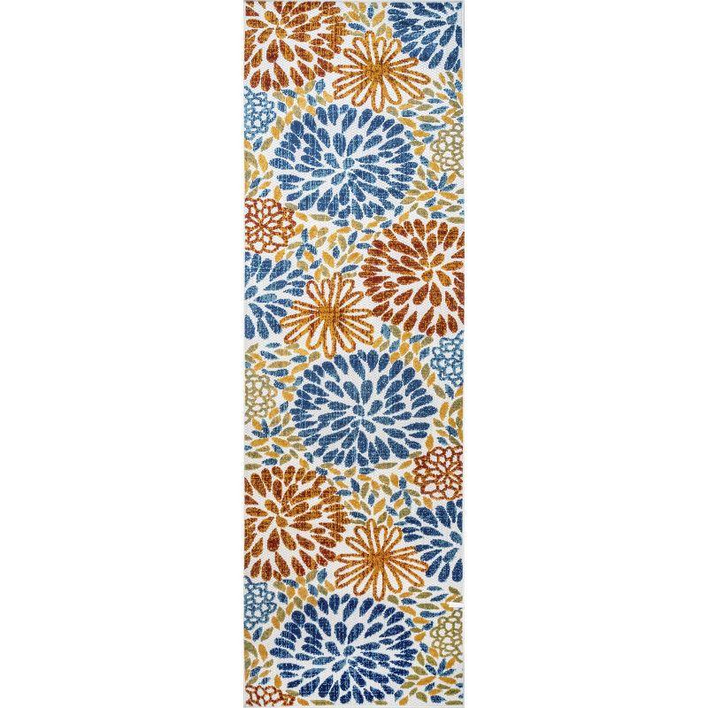 Blue Floral Synthetic Easy Care Runner Rug