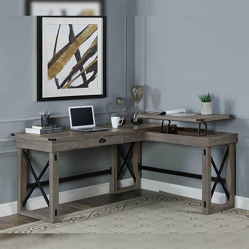 Weathered Gray Corner Writing Desk with USB and Filing Cabinet