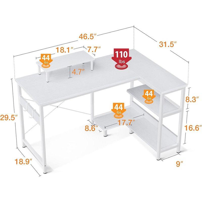 ODK 47 Inch Compact L Shaped Desk for Apartment, Living Room, Bedroom, or Office with Storage Shelves, Headphone Hook, and Monitor Stand