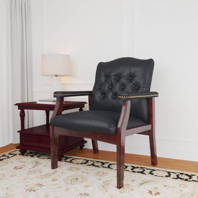 Classic Traditional Button Tufted Black Vinyl Guest Chair with Mahogany Wood Frame