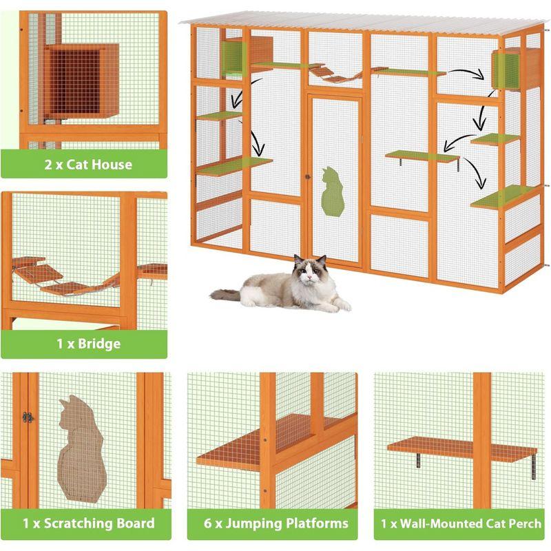 COZIWOW Outdoor Cat Enclosure, Catio Pet Safe House, 104" Extra Large Indoor Window Box with 7 Platforms, Resting Houses, and Walk-In Door, Orange