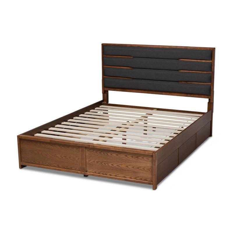 Elin Walnut King Storage Bed with Grey Upholstered Headboard