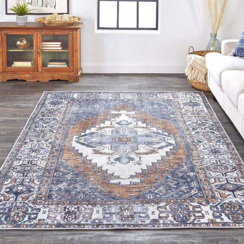 Percy Transitional Medallion Blue/Ivory/Brown Area Rug