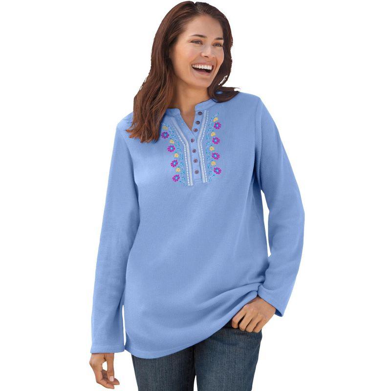 French Blue Embroidered Cotton Blend Long Sleeve T-Shirt