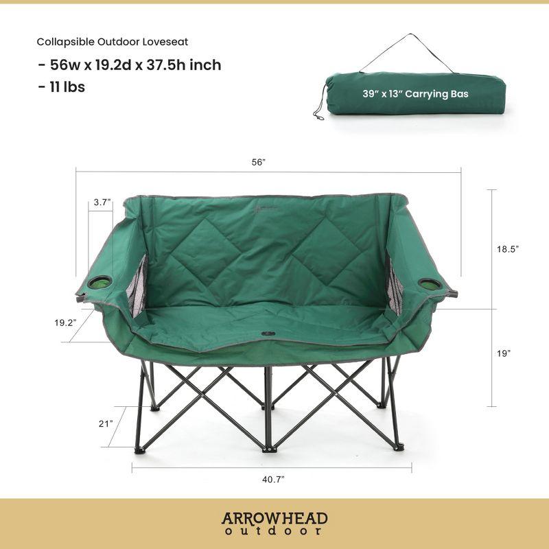 Arrowhead Outdoor Portable Folding Double Duo Camping Chair Loveseat Couch w/ 2 Cup & Wine Glass Holder, Supports up to 500lbs (Forest Green)