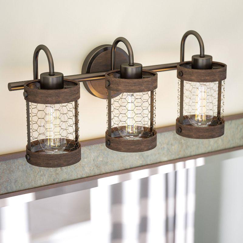 Co-t Kenroy Home Industrial Farmhouse 3-Light Bath Vanity Fixture With Chicken Wire Mesh Shades & Distressed Wood Accents