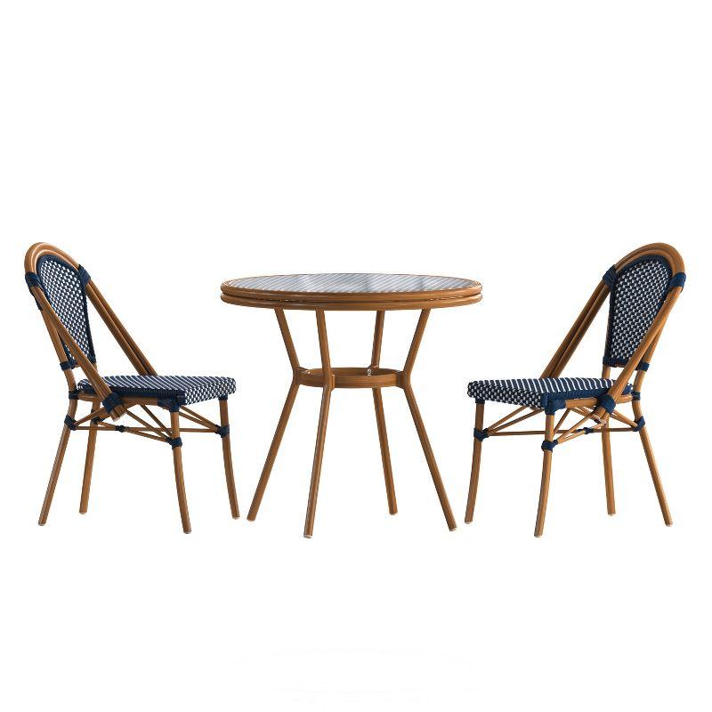 Merrick Lane Sacha Bistro Style Table with Glass Top, Navy & White PE Rattan, 2 Stack Chairs, and Bamboo Finished Metal Frame for Indoor/Outdoor Use